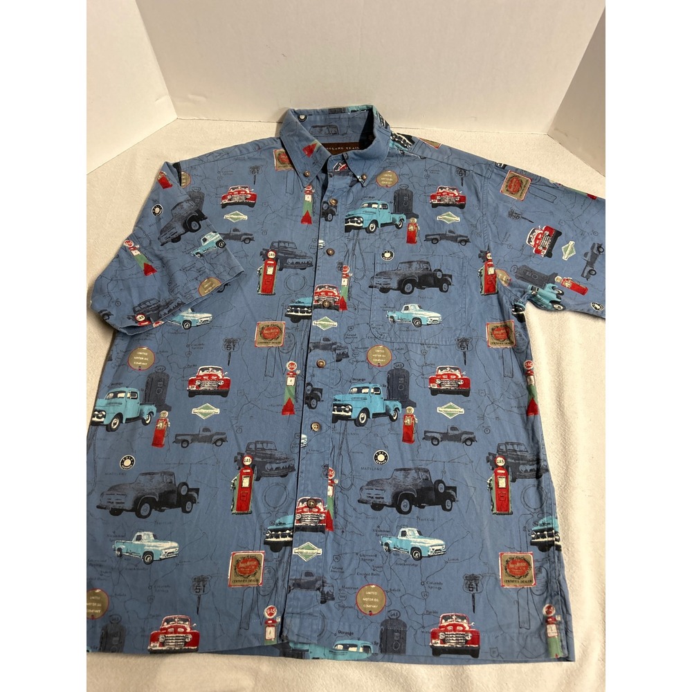 Woodland Trail Mens Car Show Short Sleeve Shirt Vintage Truck Print Gas Pumps M‎